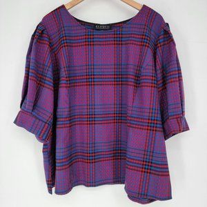 Eloquii Blouse Womens Size 24 Blue Red Plaid Puff Sleeves
